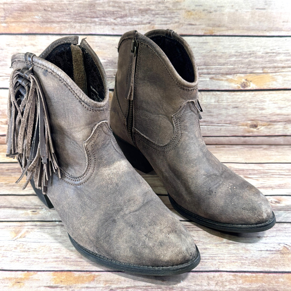 Ariat Womens Duchess Brown Leather Fringed Work Ankle Boots 8.5B Boho Western